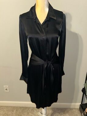 NWT Bobi Black Black Long-Sleeve Satin Shirt Dress with Tie Waist Sz S
